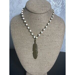 Vintage-Inspired R & B Beaded Necklace With Feather Pendant Cream & Brass Colors